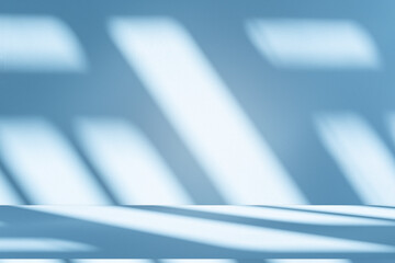 Fototapete - Wall interior background, studio and backdrops show products.with shadow from window color white and blue background for text insertion and presentation product	
