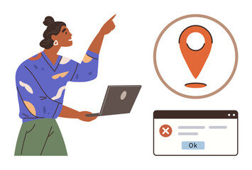 Poster - Confident woman holding laptop pointing at red location pin near error browser popup. Ideal for technology, navigation, digital issues, troubleshooting, error management, user feedback, simple flat