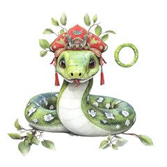 Poster - Whical cartoon snake with ornate headdress surrounded by green leaves and a illustration