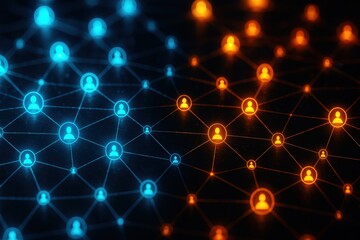 Fototapete - Networking Connectivity: An illustrative representation of the interconnectedness of communication within a network, showing linked profile icons in shades of blue and orange.