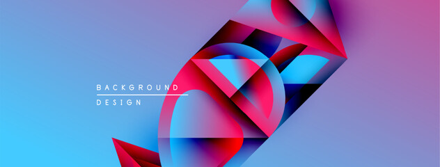Poster - Abstract geometric shapes overlap, creating vibrant blue, pink gradients. Modern design elements suggest technology, innovation. Background features text labels.