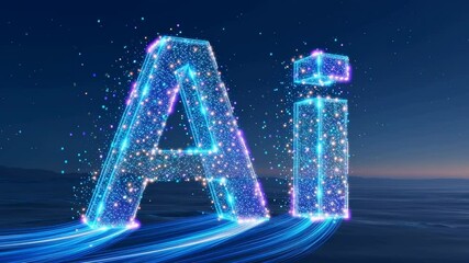 Poster - AI Technology: Futuristic Digital Data Stream - Glowing, particle-based letters 