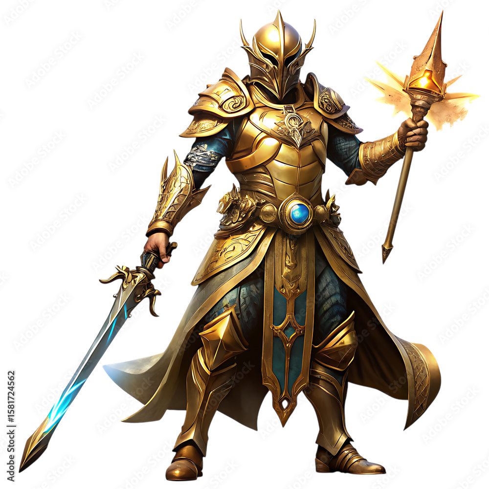 Full body golden paladin warrior in ornate armor holding sword and mace ...