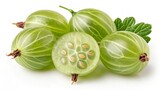 Fresh Green Gooseberries with Leaf and Cross Section on White Background