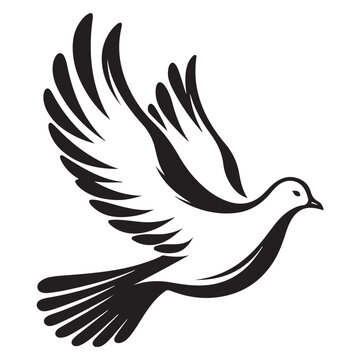 Three black dove silhouettes in flight, each with spread wings, depicted on a gray background