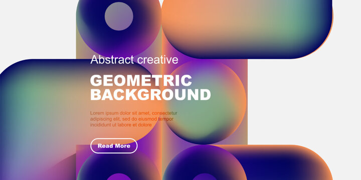 Abstract geometric design. Vibrant gradients, flowing shapes, text overlay, button present. Modern aesthetic, dark background.