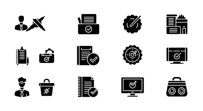 Collection of Black Icons Representing Various Concepts.