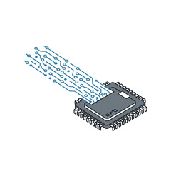 Poster - Isometric illustration of a central processing unit with intricate circuit board pathways.