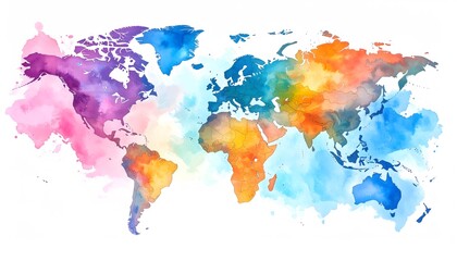 Naklejka na meble Watercolor World Map with Vibrant Continent Hues on White Background