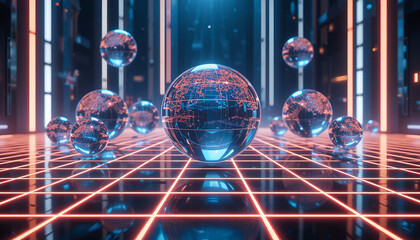 Poster - Futuristic glowing grid background with floating glass spheres creates a modern tech and science fiction aesthetic for design projects.