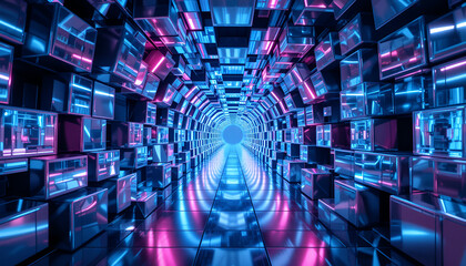 Aufkleber - Geometric perspective with metallic cubes showcases a glowing tunnel in blue and magenta, an abstract futuristic art design.