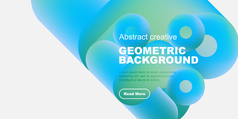 Poster - Abstract blue shapes overlap white space. Text promotes geometric background design, includes read more button. Modern, vibrant aesthetic.
