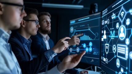 Poster - Corporate team engaged in AI-driven training session, with holographic icons representing machine learning, leadership development, and performance tracking floating above a smart digital workspace.