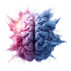 Poster - Abstract representation of human brain with colorful smoke clouds symbolizing creativity and logic in vibrant pink and blue tones