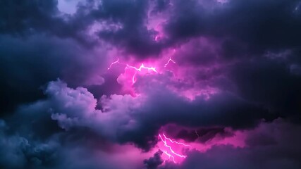 Wall Mural - pink and blue lightning strike through dark clouds over a body of water. dramatic lighting, moody at