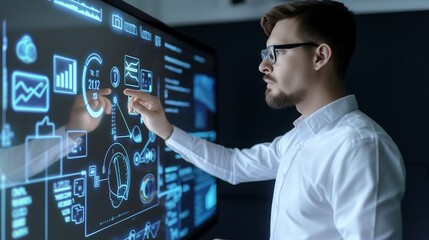 Poster - Manager analyzing AI-enhanced team performance data and personalized learning progress on a digital board with futuristic visual overlays and training icons.