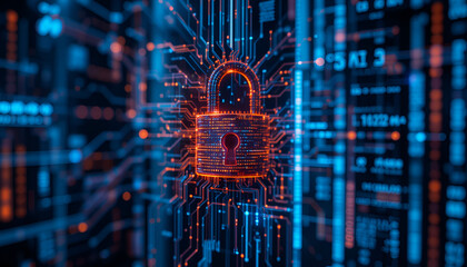 Poster - Security lock protects data network in a bright digital computer system circuit, with an abstract glowing design symbolizing cybersecurity.