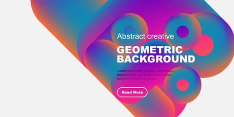 Fototapete - Vibrant abstract shapes overlap, creating fluid geometric background. Text promotes further exploration. Modern design elements present.