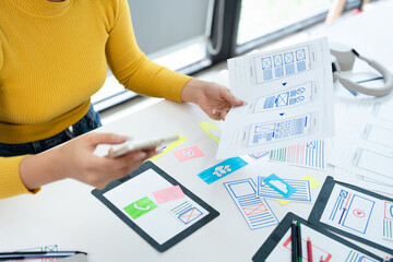 Fototapete - UX UI design process for modish mobile application and website . Creative prototype of wireframe for professional app developer .