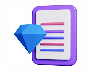 Poster - 3D Rendered Blue Diamond Over Document Icon on Isolated White Background