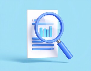 Poster - 3D Rendered Blue Magnifying Glass Examining White Document With Blue Bar Graphs On Light Blue Background Business Analytics