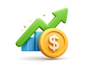 Poster - 3D Rendered Dollar Coin With Upward Trending Chart And Green Arrow For Financial Growth
