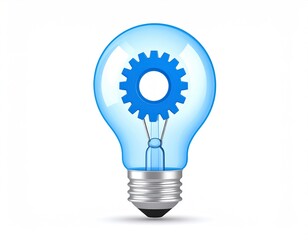 Poster - Blue Glowing Light Bulb with Internal Gear on White Background Represents Business Innovation