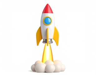 Poster - Cartoon Rocket Launching Upward with Flame and Smoke on a White Background