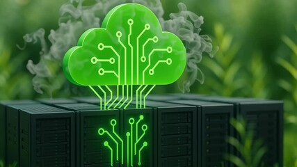Poster - Renewable energy data center. Green glowing cloud technology with circuit data servers symbolizing eco friendly digital network and cloud computing concept