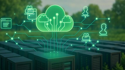 Poster - Renewable energy data center. Cloud computing technology with green cloud icon and digital network connections over server racks outdoor data center environment