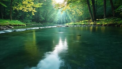 Wall Mural - clear river flowing through lush green forest, sunlight filtering through leaves, creating a serene 