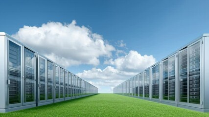 Poster - Renewable energy data center. High tech data center with rows of metallic server racks and cabinets bright blue sky with clouds green grass technology cloud