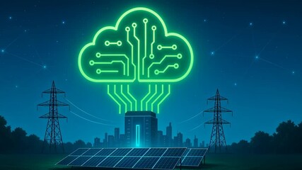 Poster - Renewable energy data center. Glowing green cloud circuit above building with solar panel and power lines night symbolizing smart energy technology and cloud