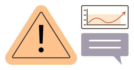 Poster - Triangular alert sign with exclamation mark beside line chart with growth trend and chat box. Ideal for warning, risk, growth, analytics, messaging, notification, safety. Simple flat metaphor