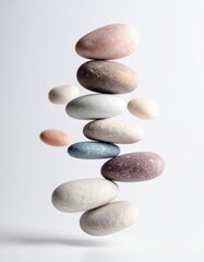Poster - Floating Stack Of Gradient Colored Zen Stones In Balance Against White Background
