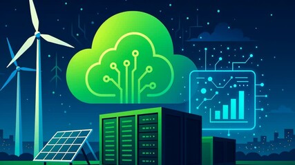 Poster - Renewable energy data center. Cloud server powered by green energy featuring wind turbine and solar panels driving sustainable data growth with advanced