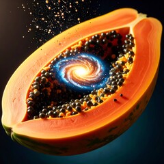 Wall Mural - Half Papaya Fruit Revealing Cosmic Galaxy Swirl Seed Formation with Vibrant Orange and Clean Backdrop