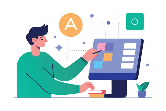 Graphic designer working on a computer with color swatches and design elements