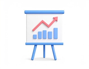 Poster - Three Dimensional Presentation Board With Bar Graph And Upward Pointing Arrow on White Background Depicting Business Growth