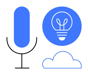 Poster - Microphone icon, outlined cloud, and circular light bulb represent voice technology, innovation, creativity, network, communication, and cloud data. Ideal for tech learning strategy media