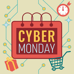 Poster - Illustration of a calendar with cyber monday text, a clock, a gift, and a shopping cart on a circuit board