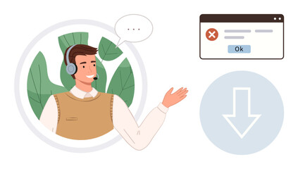 Poster - Customer service representative wearing a headset, speaking with a smile, assisting with a computer error message above a download arrow. Ideal for IT support, help desk, error handling