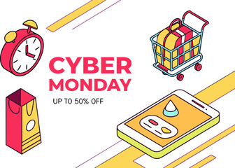 Poster - Isometric cyber monday sale promotion with clock, shopping cart, bag, and smartphone on a white background