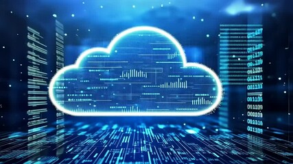 Futuristic cloud computing concept with data visualization and digital elements in a tech environment