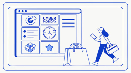 Poster - Illustration of a woman shopping online during cyber monday with shopping bags and a briefcase