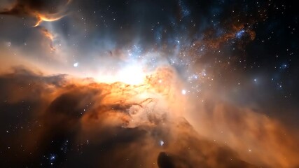 Wall Mural - Cosmic clouds of orange and blue hues illuminate a dark, star-filled expanse. Glowing gases create a vibrant nebula with dynamic textures and bright central light source