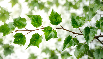 Fresh green tree leaves on a branch with natural foliage on white background