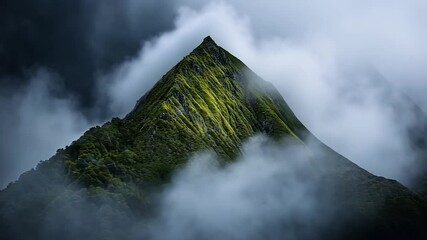 Wall Mural - dark, moody image of a pyramid-shaped mountain peak shrouded in mist. lush green vegetation is visib