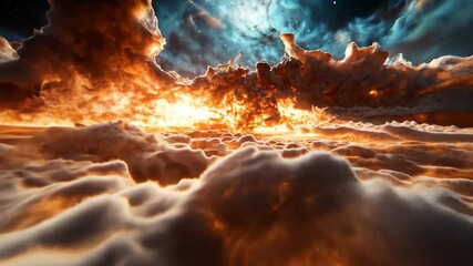 Wall Mural - fiery sunset viewed from above a vast expanse of clouds, with a contrasting cool-toned nebula and st