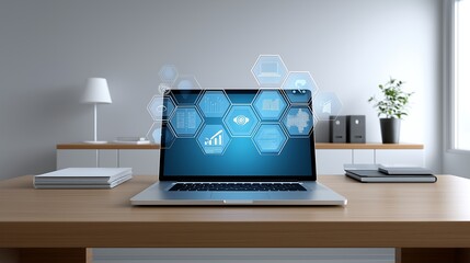 Poster - Modern office desk featuring a laptop with augmented reality display of smart management training icons, artificial intelligence education modules, and innovation tracking tools.